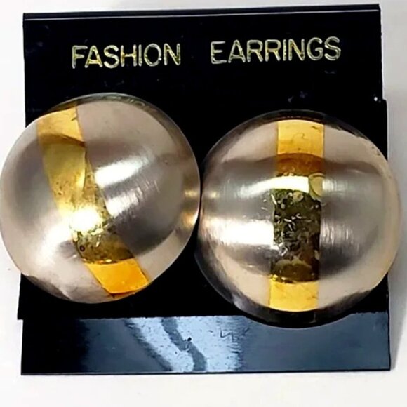 Gold, Silver Dual-Tone Stud Earrings Modern Stripe Design, 1.25” Fashion Jewelry - Picture 1 of 8